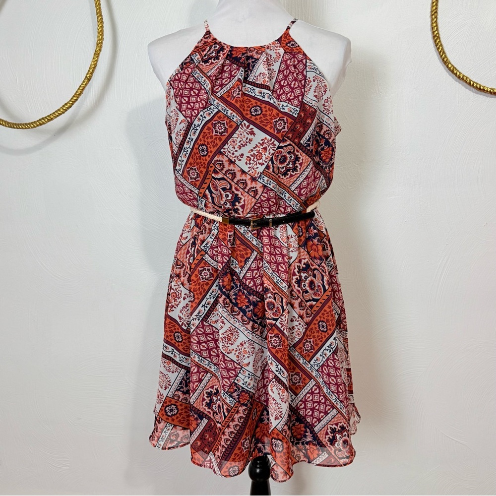 NWT multi color  patchwork hankerchief pattern belted halter dress Size med